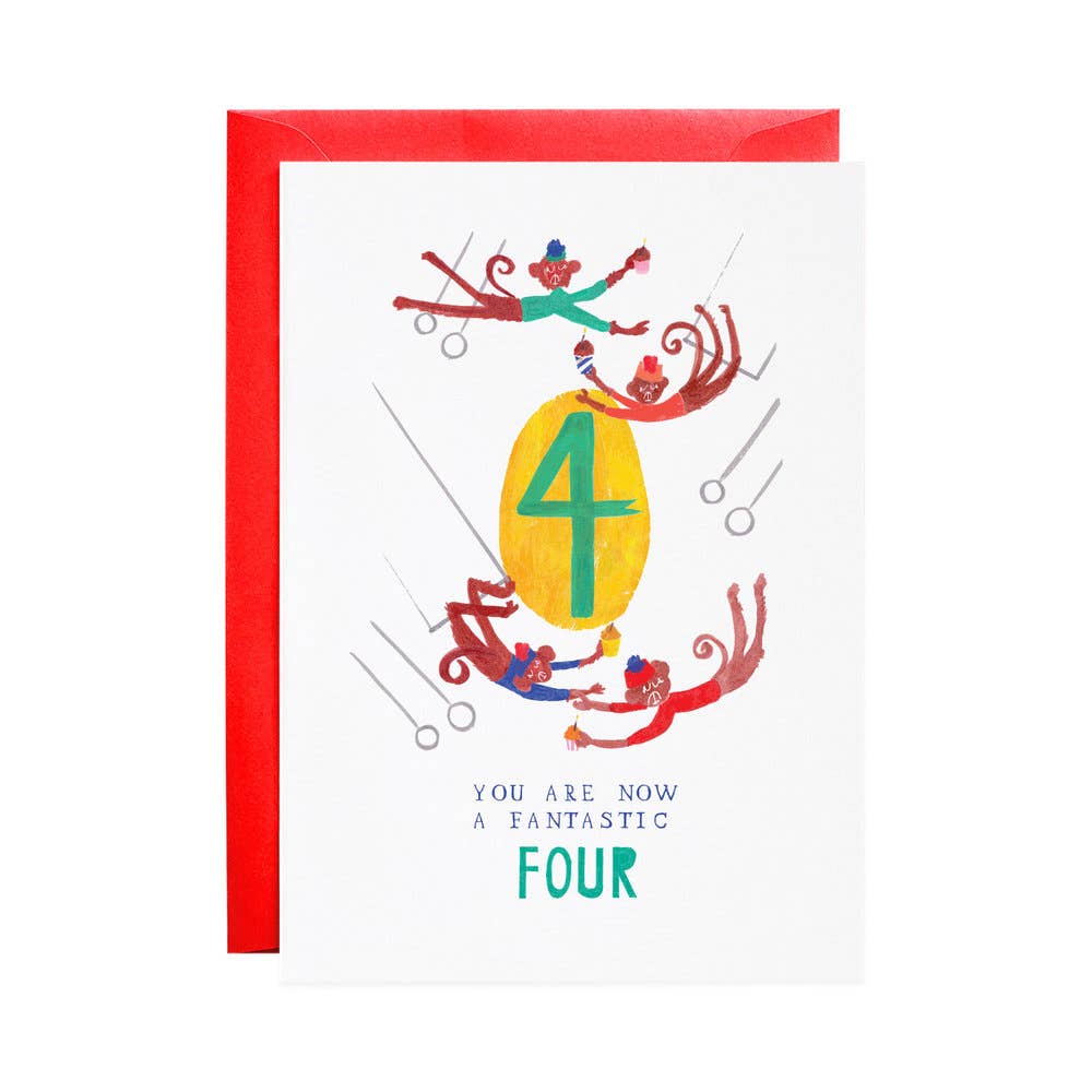 Birthday greeting card featuring four mischievous monkeys, designed by Mr. Boddington, available at a New York City stationery store.