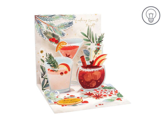 Cocktails Christmas Pop-Up Card with festive drinks design, perfect for holidays; available at stationery store; includes envelope.