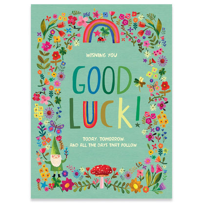 St. Patrick's Day greeting card by Katherine Herrell for Carte featuring colorful flowers and 'Good Luck' message, stationery store item.