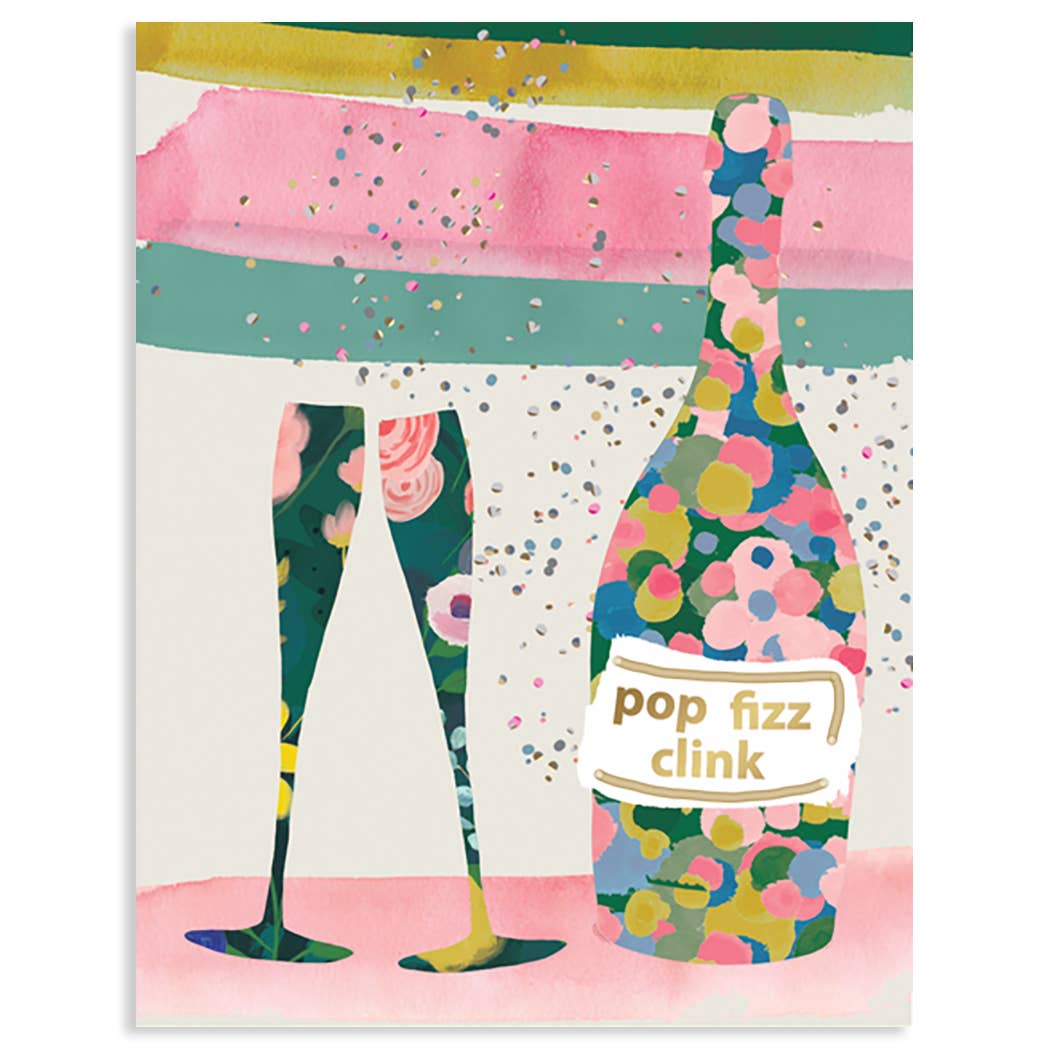 Alt Tag: A TOAST wedding card by Stephanie Dyment featuring colorful champagne and glasses design, available at stationery store.