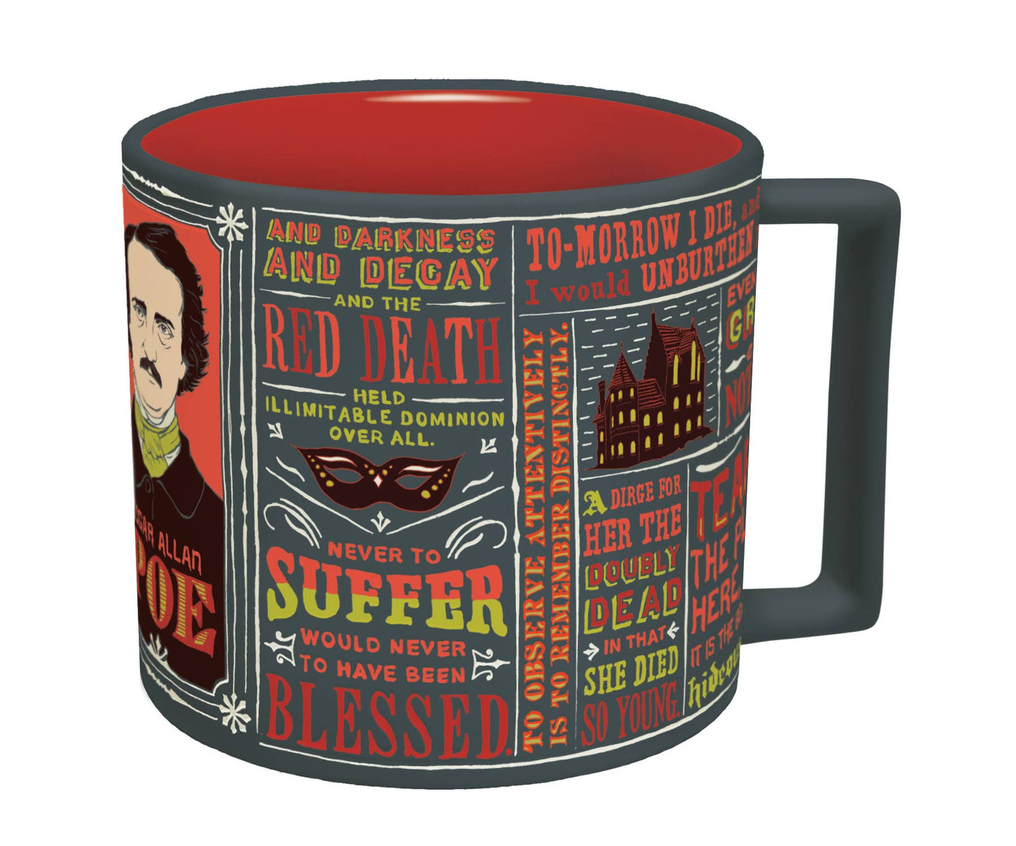 Edgar Allan Poe Quotes Coffee Mug with vibrant design featuring Poe's portrait and famous quotes, ideal for stationery store enthusiasts.