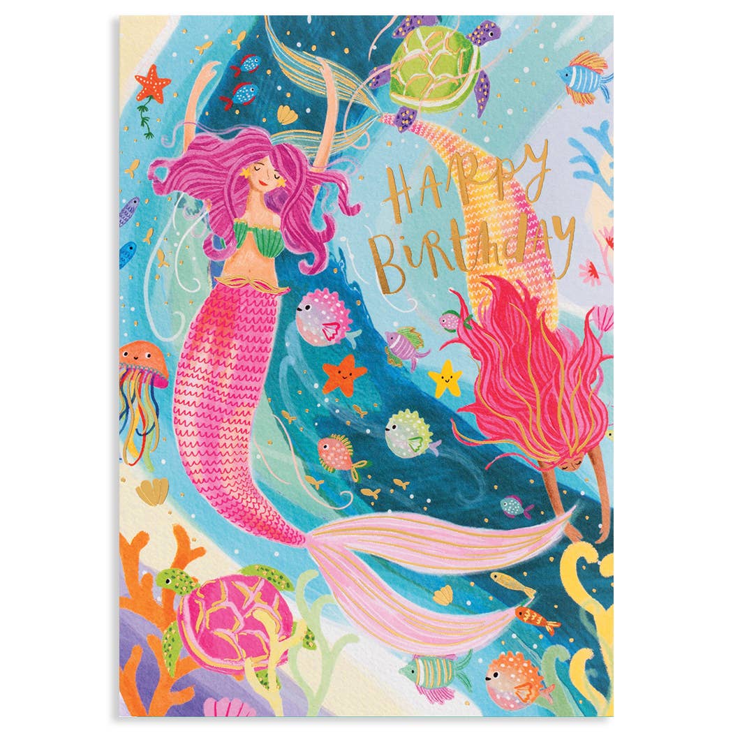 Colorful Mermaid Birthday Card by Louise Tiler with blank greeting, perfect for stationery store shoppers seeking unique designs.