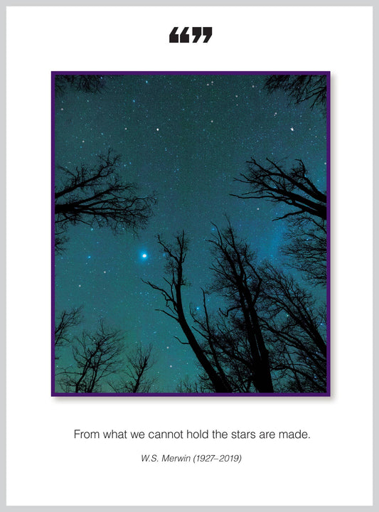 Alt Tag: "From what we cannot hold Sympathy Greeting Card with starry night image, perfect for stationery stores, 5x6.75 inches."