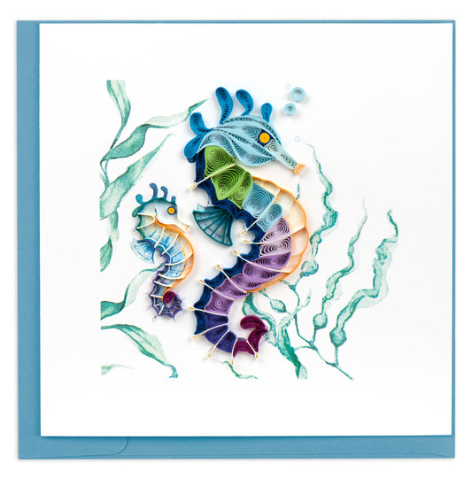 Handmade Quilled Colorful Seahorse Greeting Card from stationery store, featuring two seahorses with blue to purple hues and intricate detailing.