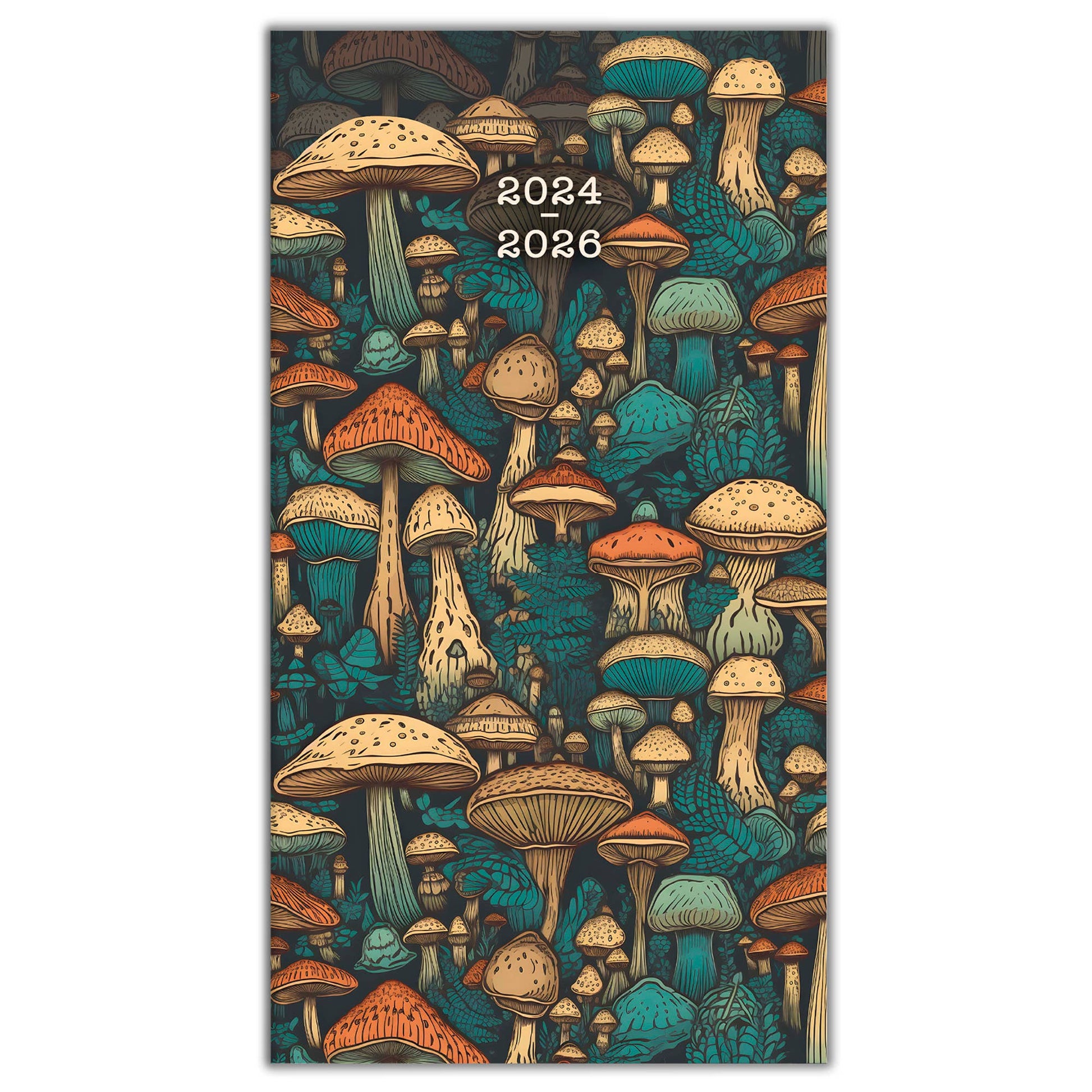 Colorful illustration of mushrooms with dates 2024 to 2026, designed for the Mighty Mushrooms Pocket Planner.