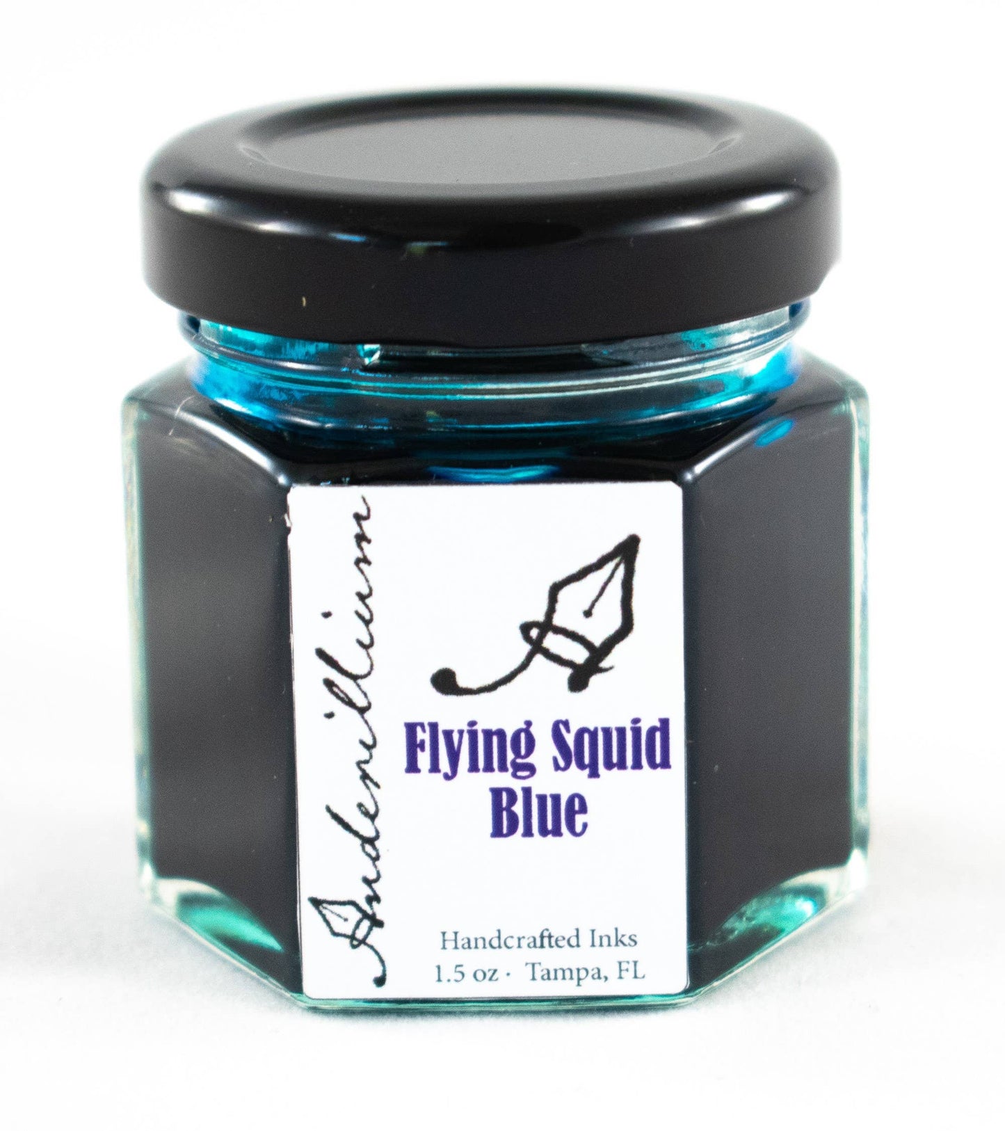 Anderillium™ Ink Flying Squid Blue 1.5 oz bottle, handcrafted fountain pen ink, available at stationery store, inspired by nature.