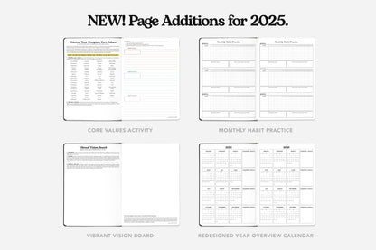 Page additions for 2025 Weekly Planner including core values, habit practice, vision board, and calendar. Available at stationery store.