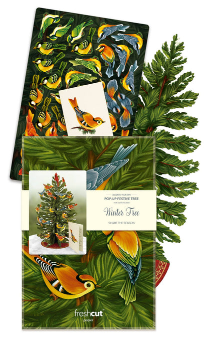 Winter Tree Holiday Pop-up Card with colorful birds and note card, stationery store exclusive, eco-friendly festive greeting card.