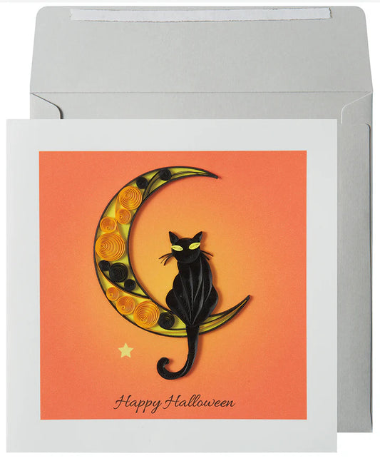 Quilling Black Cat on Moon Halloween Greeting Card