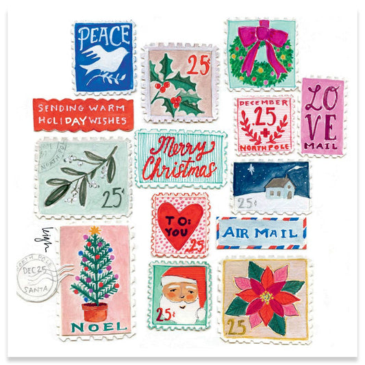 WARMEST POSTAL WISHES holiday boxed cards by Curly Girl featuring festive stamps; perfect for stationery store holiday collections.