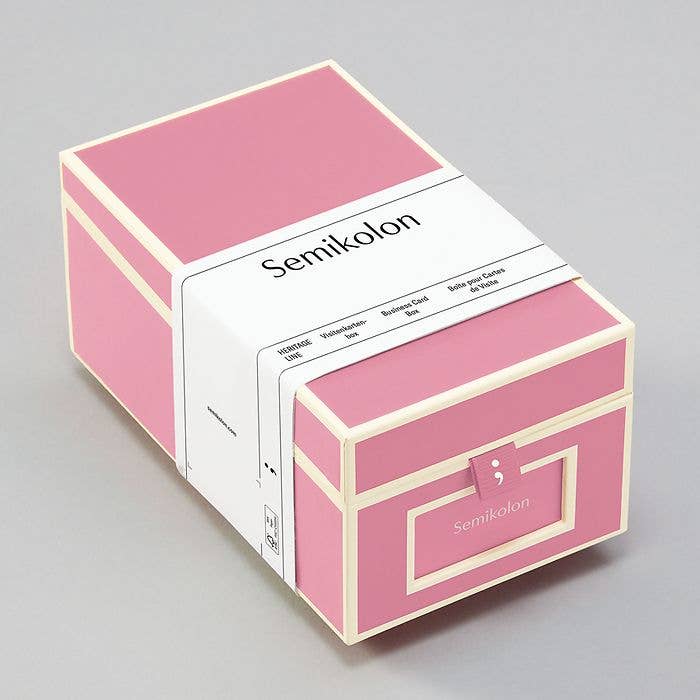 Semikolon Business Card Box in pink with window; holds 480 cards, includes index cards and tabs; perfect for office organization. Size: 4.1×7×3.3 in.