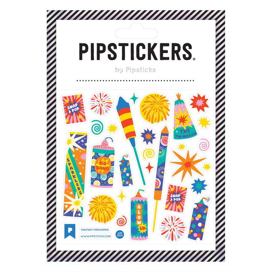 Fantasy Fireworks PipStickers with silver foil, colorful designs on a 4'' x 4'' sheet, ideal gift from Pipsticks stationery store.