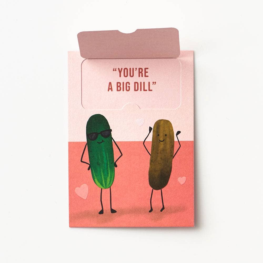 Jokes Valentine's Card with pickles illustration and 'You're a Big Dill' pun, perfect for classroom stationery store.