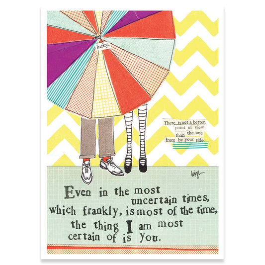 CERTAIN OF YOU Curly Girl Love Card from stationery store, featuring colorful umbrella and heartfelt text on cover.