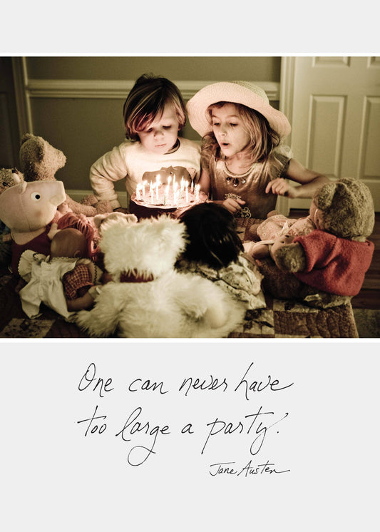 Children with toy party celebrating a birthday, inspired by Jane Austen quote. Available at stationery store.