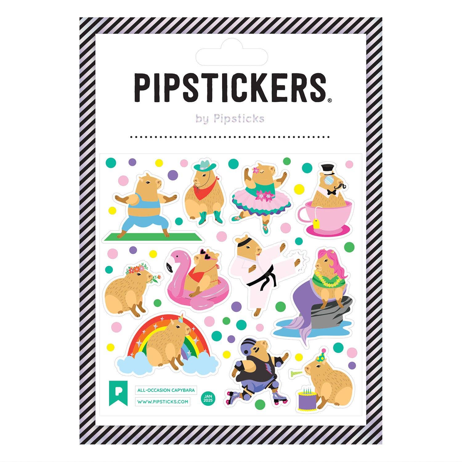 Colorful All-Occasion Capybara PipStickers with holographic accents on a 4x4 sheet, available at stationery store Pipsticks.