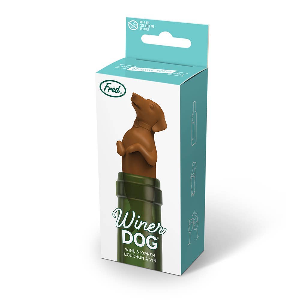 Winer Dog Dachshund Bottle Stopper in packaging, perfect for stationery store; crafted from food-grade silicone to seal wine bottles.