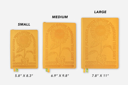 Sunflower Yellow 2025 Weekly Planners in small, medium, and large sizes from a stationery store, featuring sunflower motif covers.