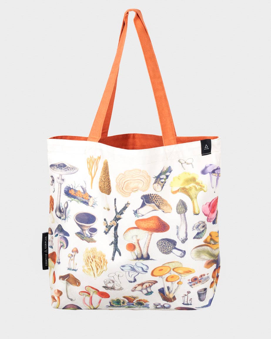 Woodland Mushrooms Canvas Shoulder Tote with vibrant fungal prints, perfect for foragers. Reversible design from a prestigious stationery store.