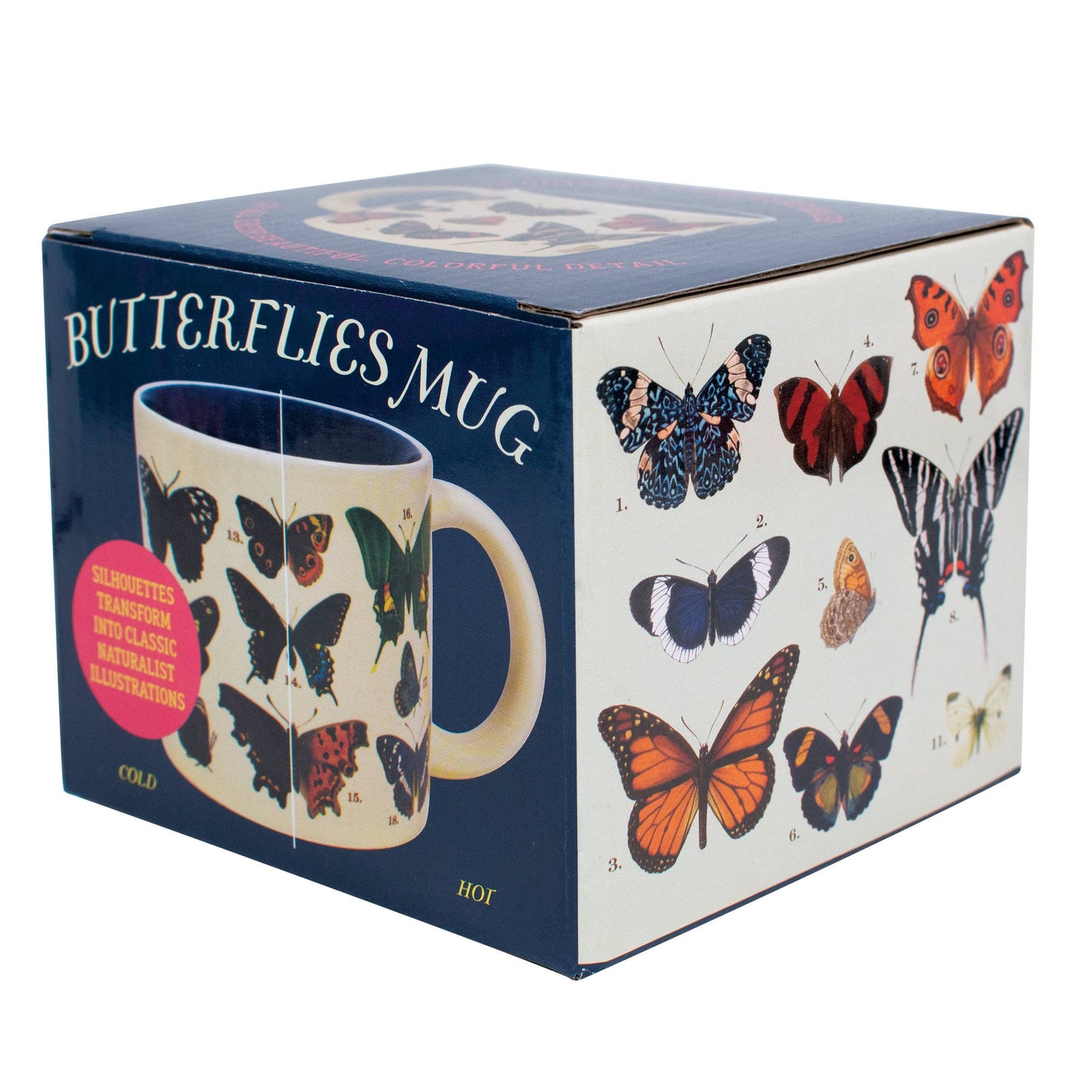 Butterflies Heat-Changing Coffee Mug in packaging, showcasing colorful butterfly illustrations, available at stationery store.