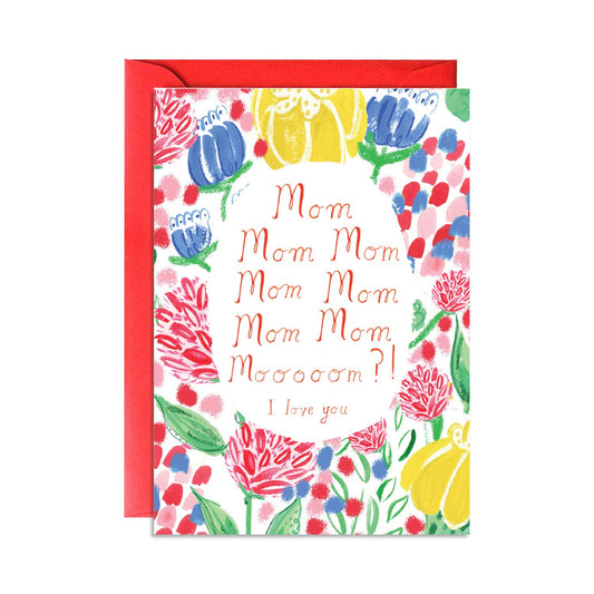 Mother's Day greeting card with 'Moooooooooom?' message, floral design, from Mr. Boddington, handcrafted in NYC, stationery store item.