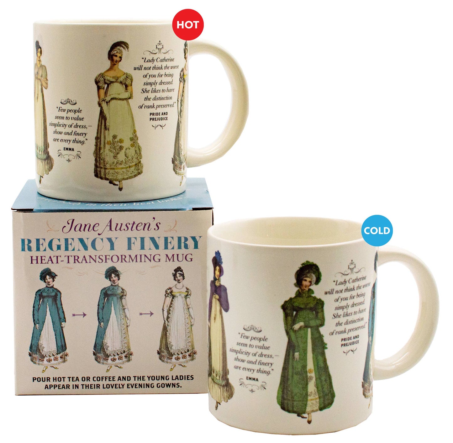 Jane Austen Regency Clothing Heat-Changing Mug showing young ladies' attire transformation, ideal for any hot beverage. Stationery store exclusive.