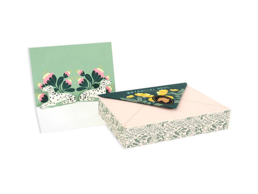 Botanical Dogs Pop-Up Cards set with green floral design and matching envelope, available at stationery store.