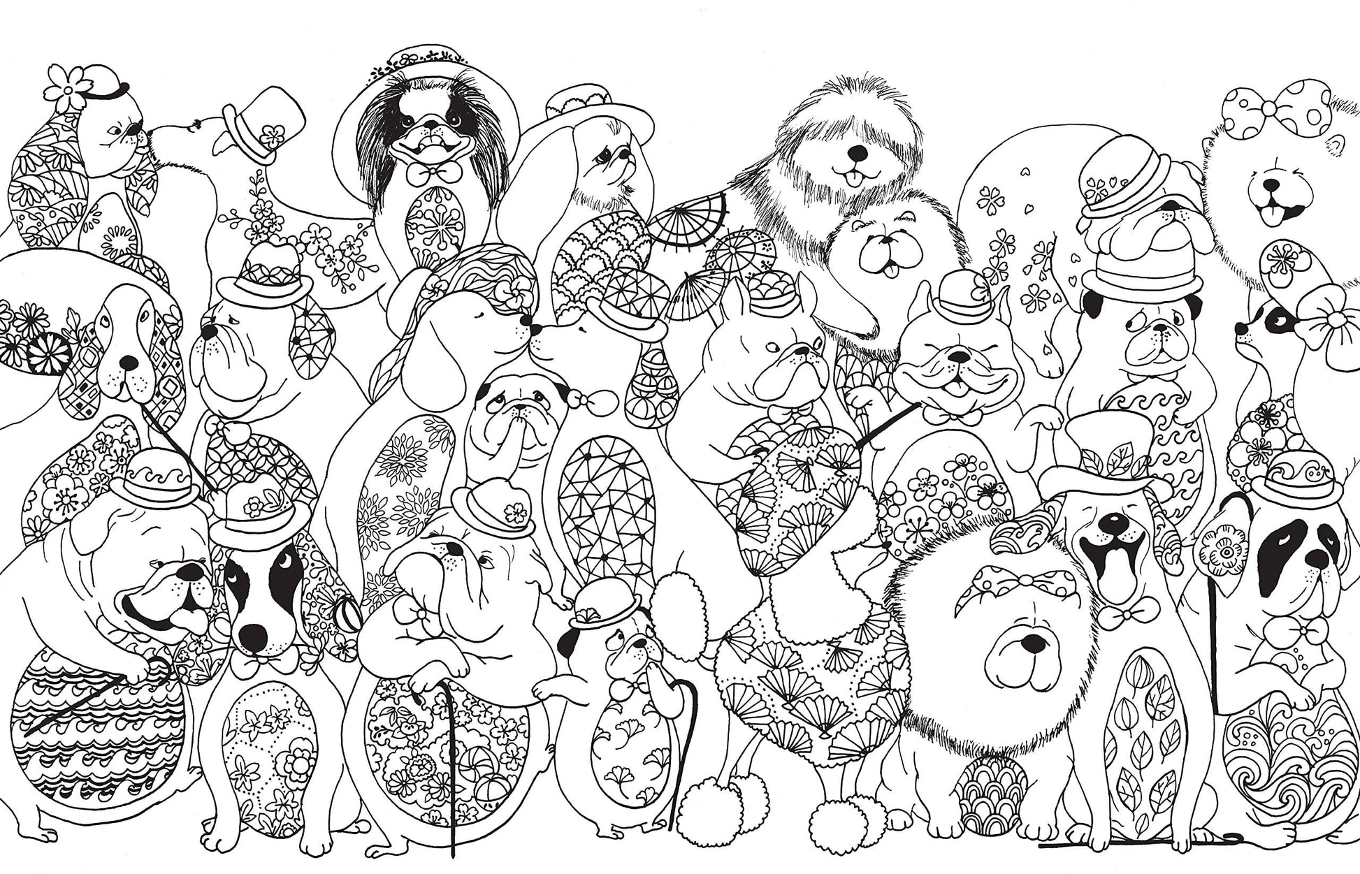 Whimsical dogs coloring page from 'A Million Dogs Coloring Book' ideal for dog lovers, available at stationery store.