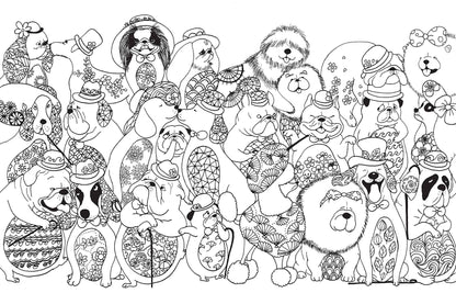 Whimsical dogs coloring page from 'A Million Dogs Coloring Book' ideal for dog lovers, available at stationery store.