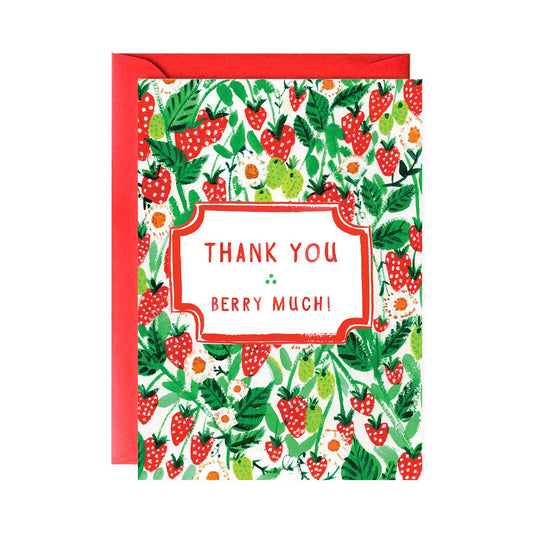 Thank You Berry Much greeting card with strawberry design from Mr. Boddington, available at our NYC stationery store.