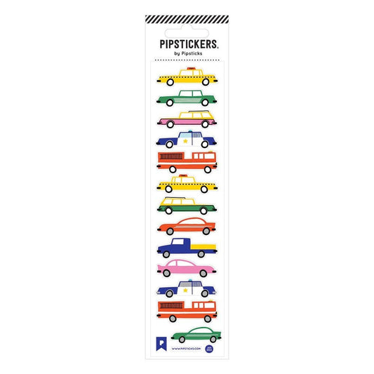 Fuzzy Vehicles PipStickers with colorful cars and trucks on a clear sheet, perfect for stationery store enthusiasts and sticker lovers.