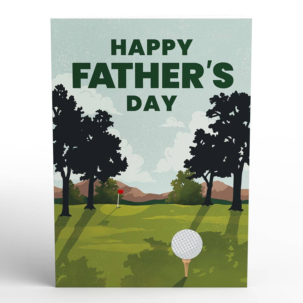 5x7 Best Dad By Par pop-up card featuring a golf course scene with 'Happy Father's Day' text, ideal for stationery store purchase.