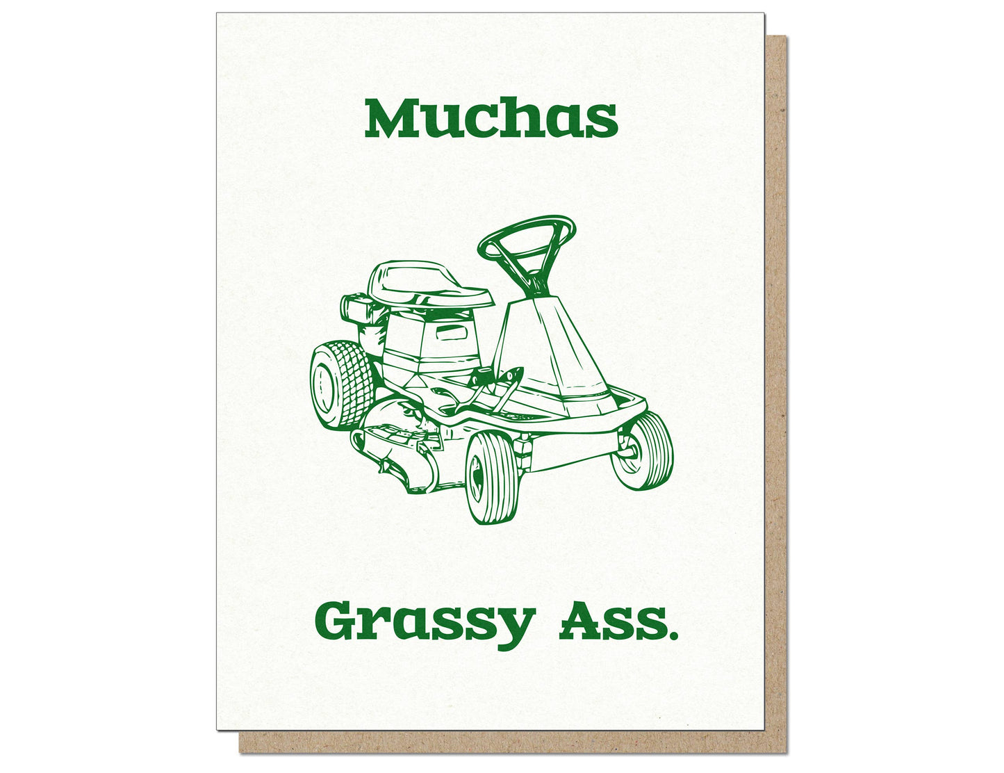 Muchas Grassy Ass Card with retro lawnmower illustration in green on recycled card, A2 size, by stationery store.