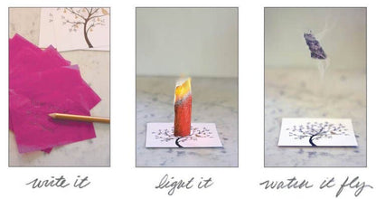 Make a Wish Birthday Mini Kit showing steps: write on pink papers, light them, and watch them fly. Available at stationery stores.