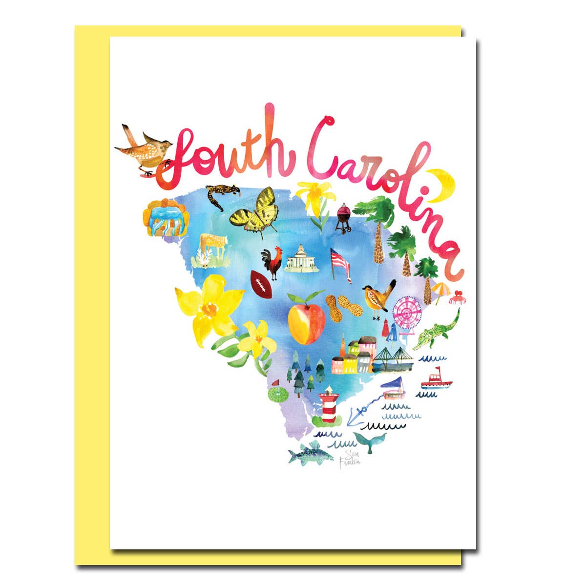 Watercolor Maps Card featuring South Carolina with colorful illustrations, thick stock, butter yellow envelope, stationery store.