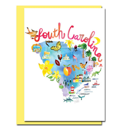 Watercolor Maps Card featuring South Carolina with colorful illustrations, thick stock, butter yellow envelope, stationery store.