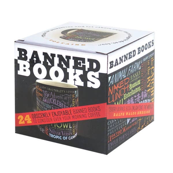 Banned Book Coffee Mug in colorful gift box featuring titles like 'Animal Farm' and 'Naked Lunch.' Perfect for stationery store gifts.