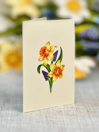 Mini English Daffodil bouquet note card with daffodils and grape hyacinth, from a stationery store collection.
