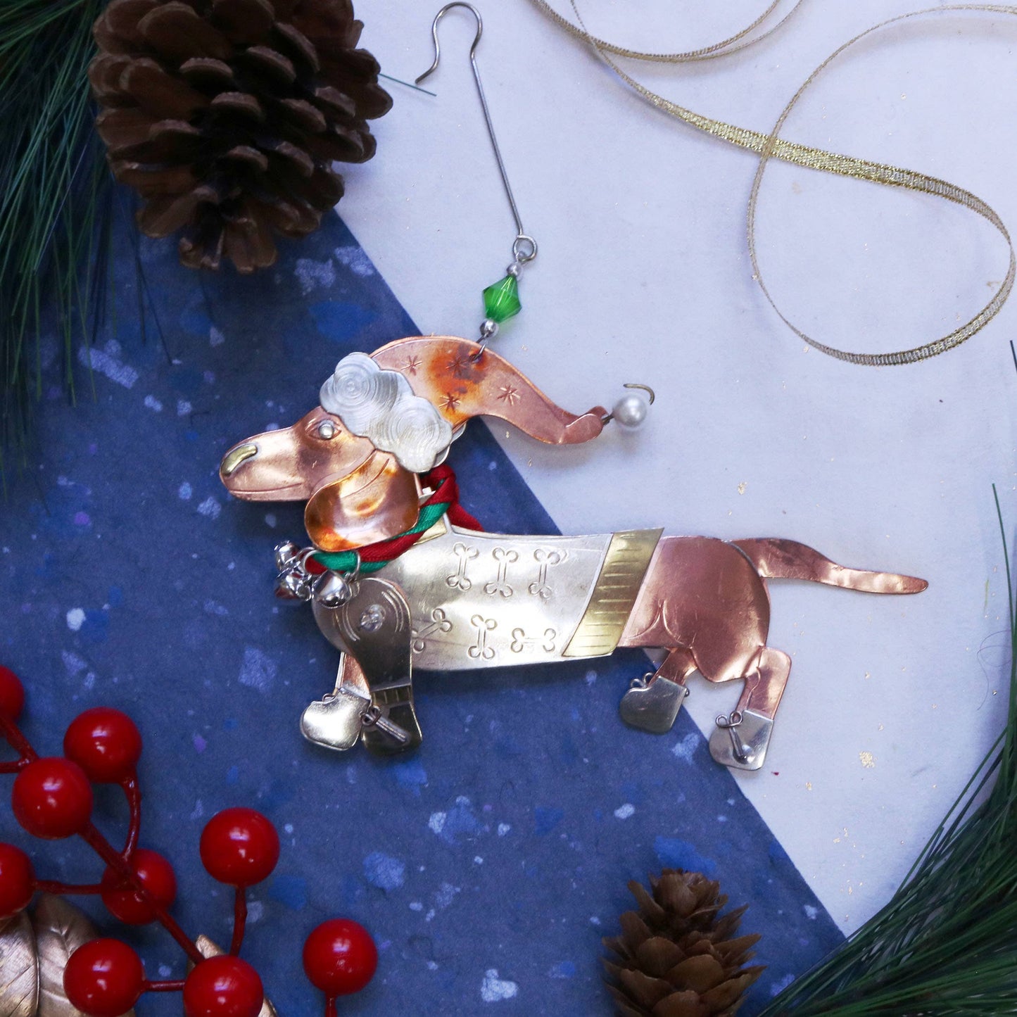 Dasher Dachshund Christmas ornament; handmade, fair trade holiday décor; stationery store gifts and stocking stuffers.