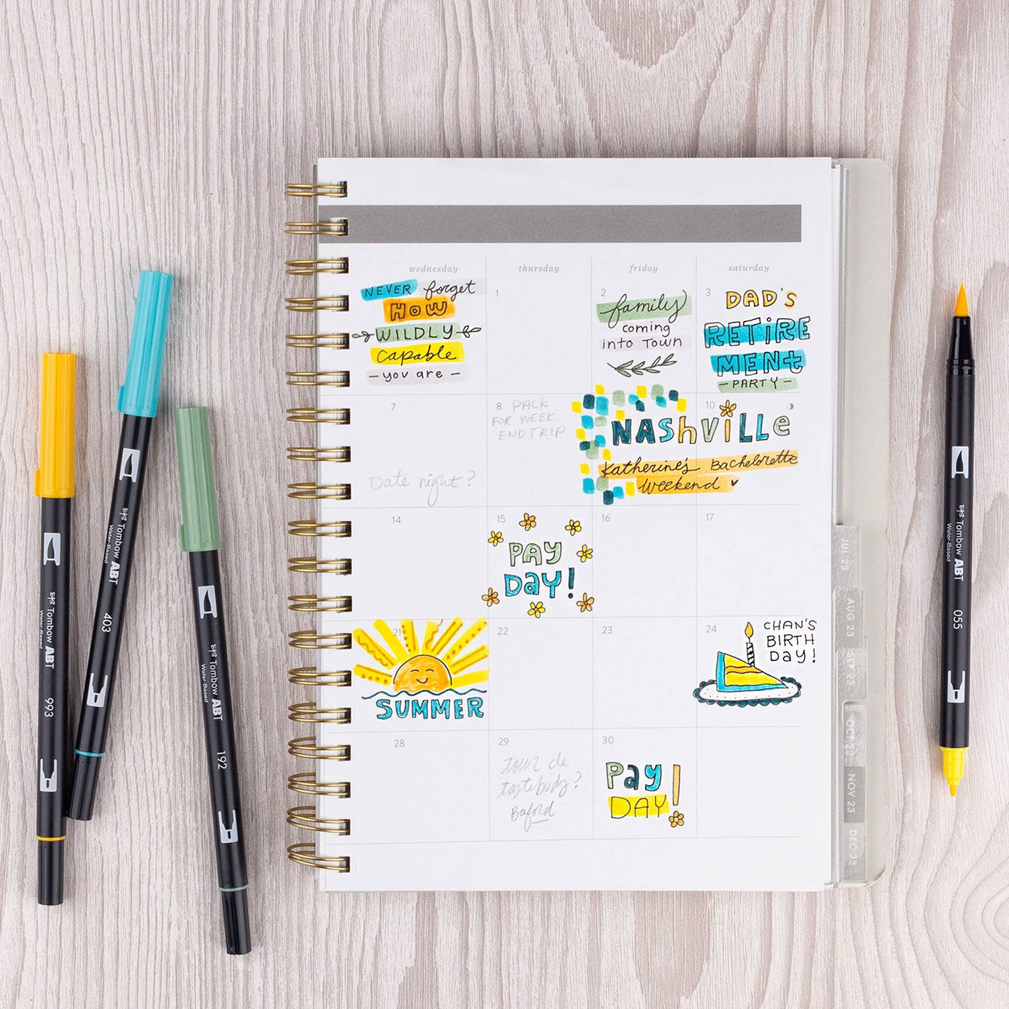 Spiral notebook with colorful notes using Dual Brush Pen Art Markers, Lemon Squeezy 6-Pack from stationery store