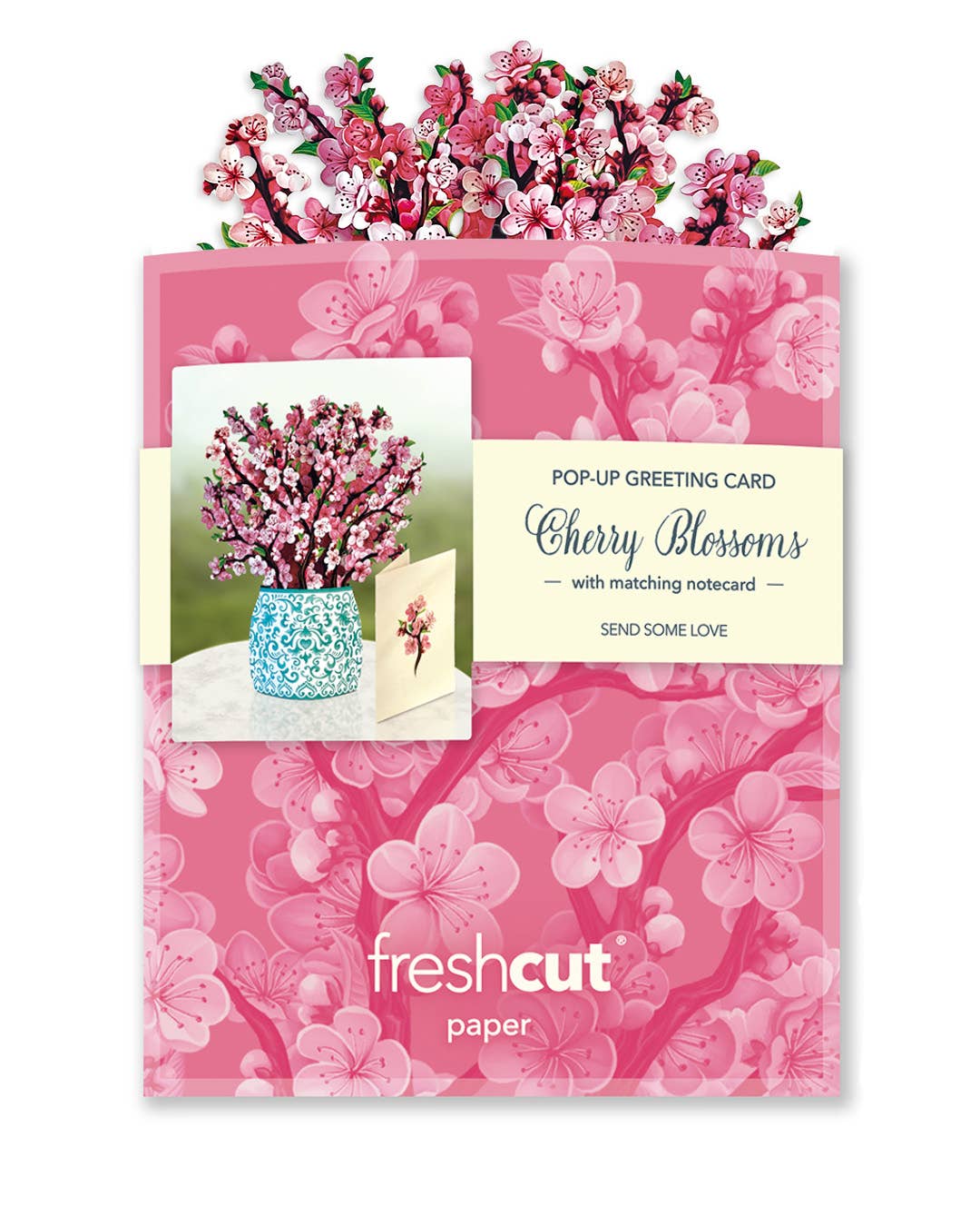 Mini Cherry Blossom Pop-up Greeting Card with notecard from FreshCut Paper, available at stationery store.