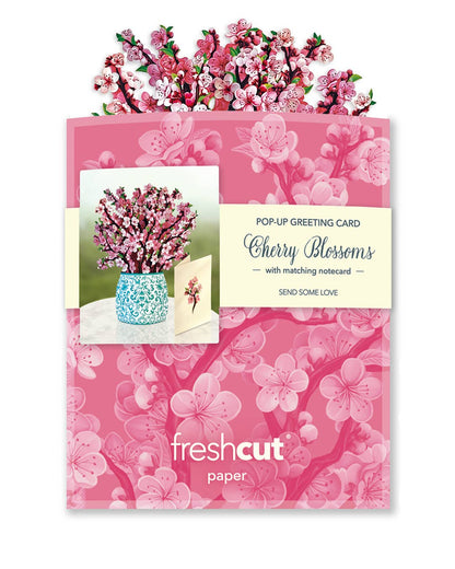 Mini Cherry Blossom Pop-up Greeting Card with notecard from FreshCut Paper, available at stationery store.