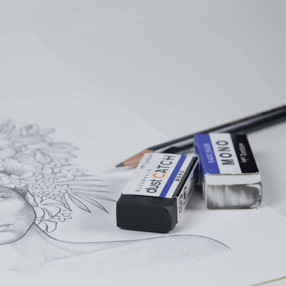 MONO Dust Catch Eraser with sketch, perfect for stationery stores, prevents eraser dust and protects drawings. 20PC display box.