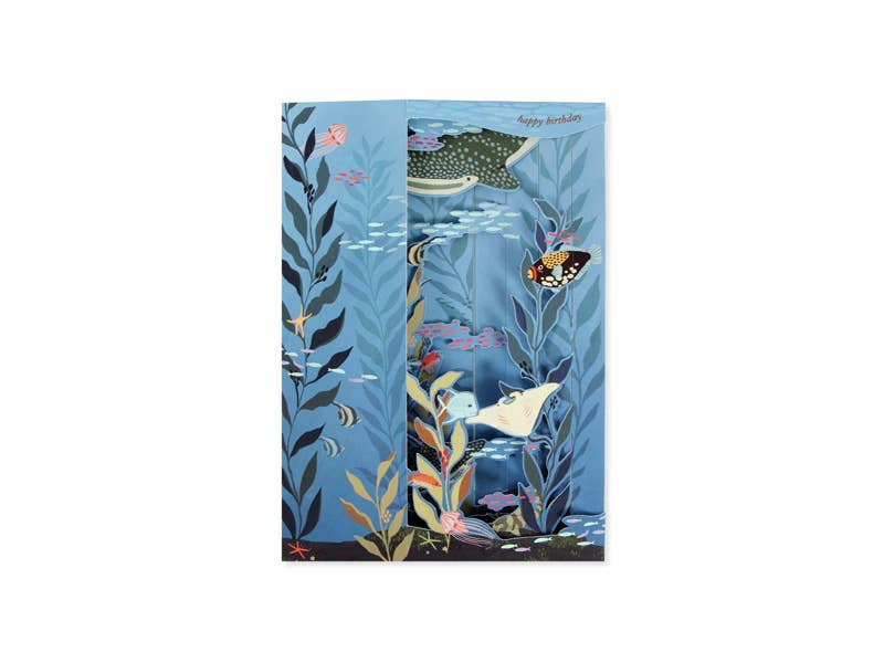 Deep Sea Birthday Pop-Up Tunnel Card featuring sea creatures and coral, part of Pure Alchemy Collection; available at stationery store.