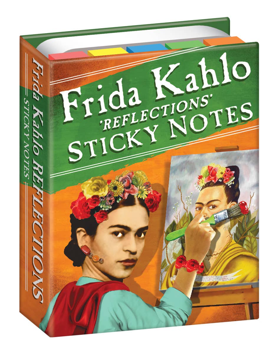 Frida Reflections Sticky Notes booklet with colorful page markers, featuring an image of Frida Kahlo, available at stationery stores.