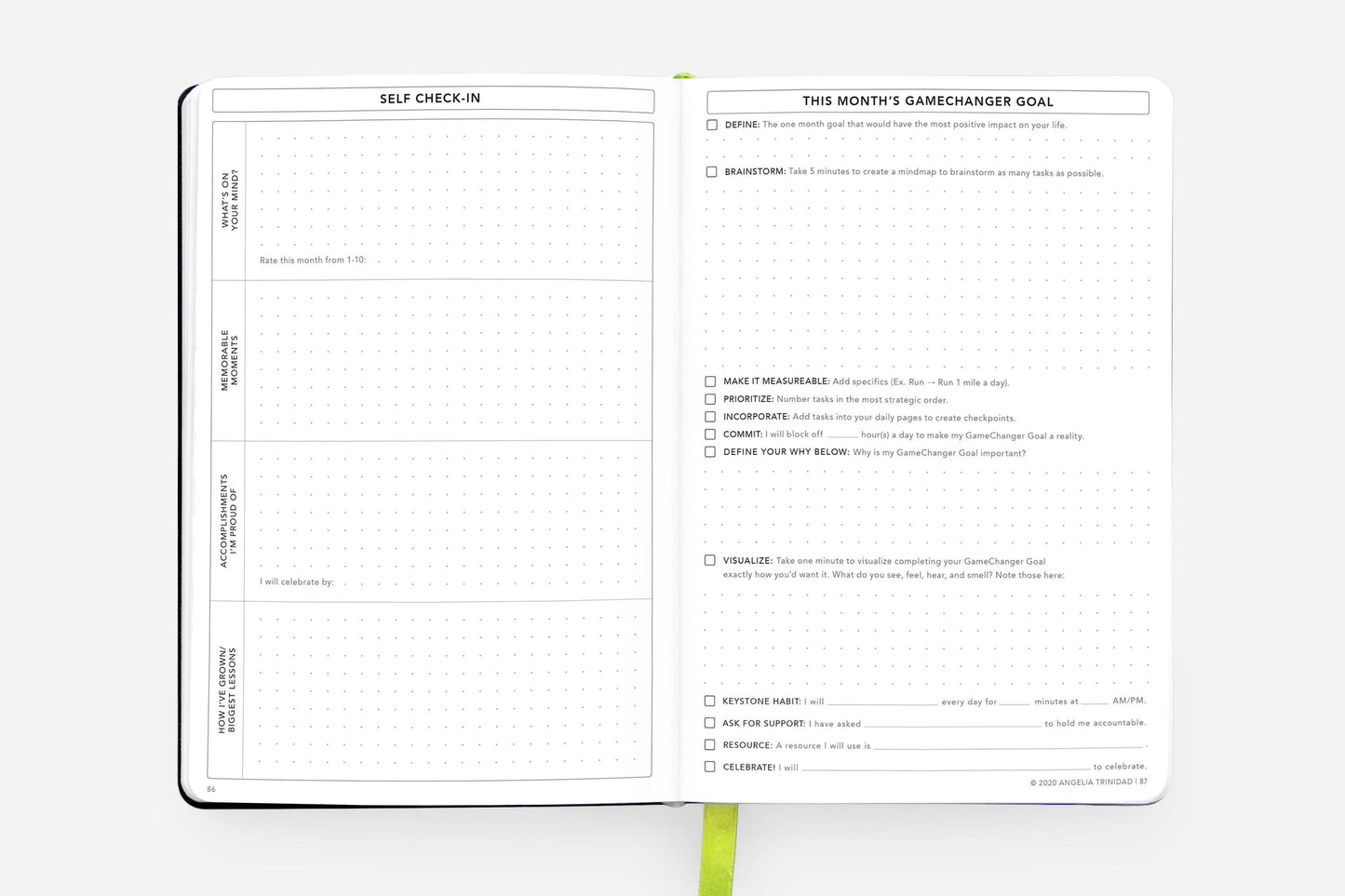 Open pages of a Daily Planner - Undated Cosmic Blue, showing self-check-in and monthly goal sections, available at stationery stores.