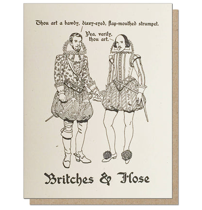 Britches & Hose Strumpet card featuring Wally and Shakes, with Shakespearean insult, available at stationery store.