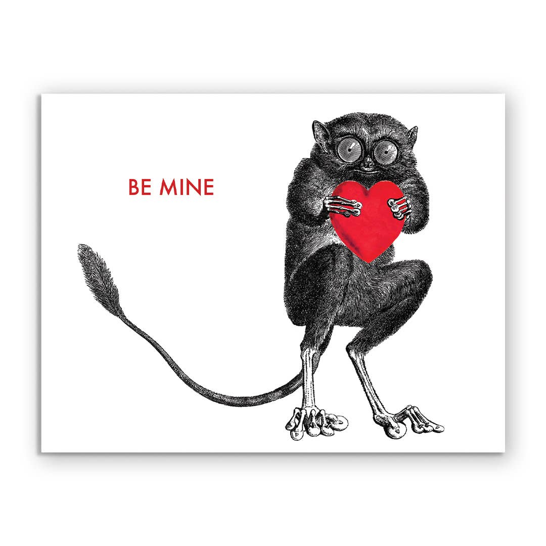 Tarsier Valentine Greeting Card with heart, stationery store exclusive, blank interior with envelope, made in Los Angeles.