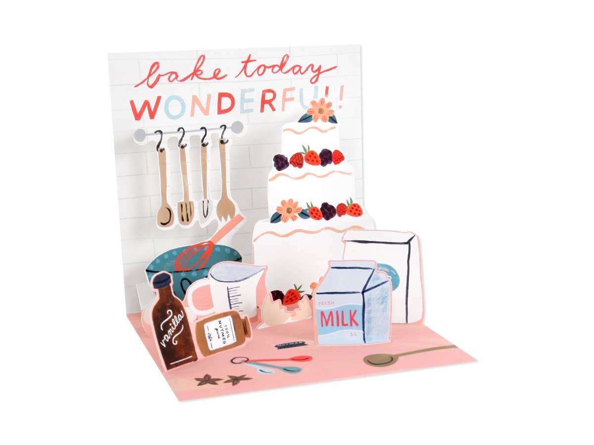 Baking A Cake Pop-Up Card with baking tools and ingredients, perfect for stationery store shoppers. Bake today wonderful message inside.