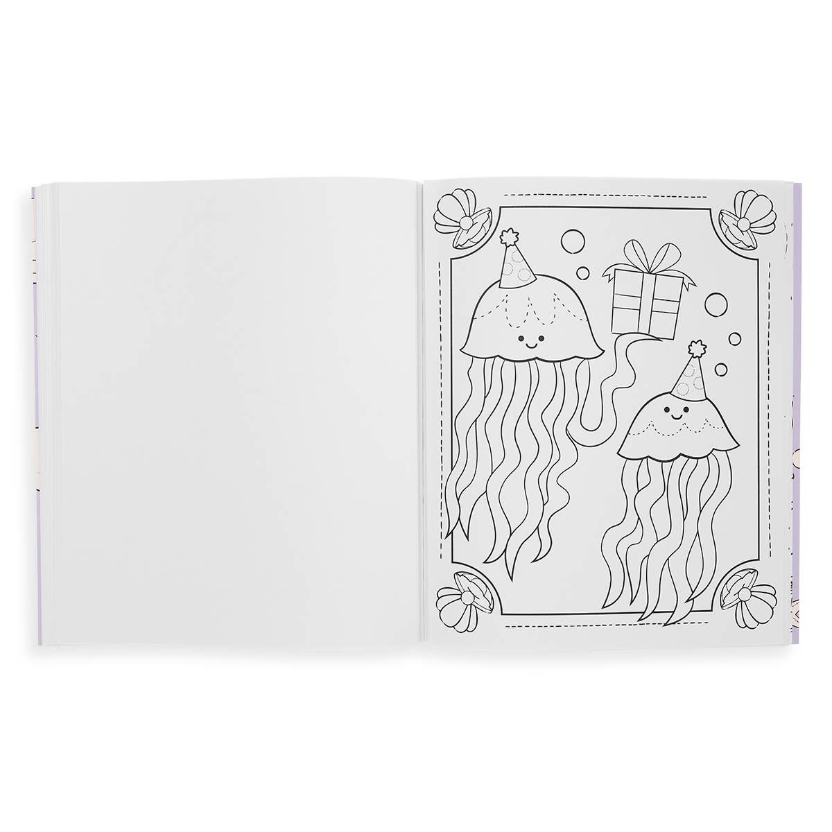 Open page from Color-in' Book: Outrageous Ocean with jellyfish and gift design, perfect for kids' coloring fun. Available at stationery stores.